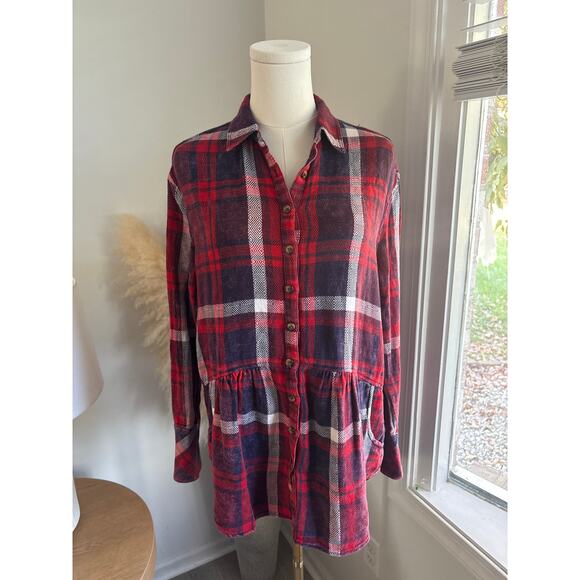 Free People Easy Street Red Plaid Peplum Button Down Top Womens XS Fall Flannel - Picture 2 of 9